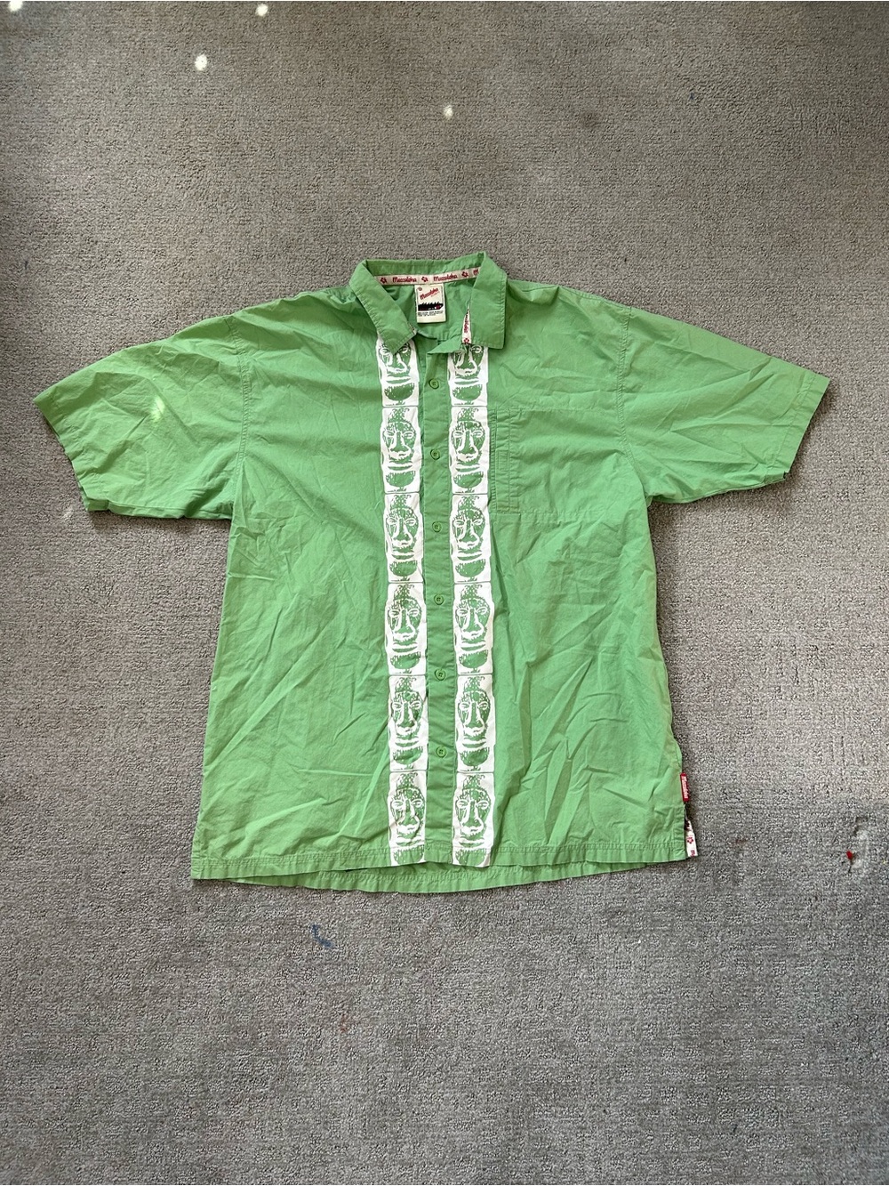 Meccaloha Shirt Mens XXL Green Tiki Hawaiian Short Sleeve Button Front Casual